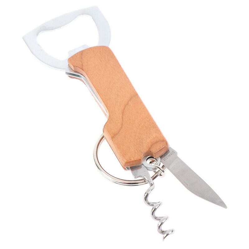 Multifunctional Beer Opener Keychain Stainless Steel Wooden Handle Wine O.l8