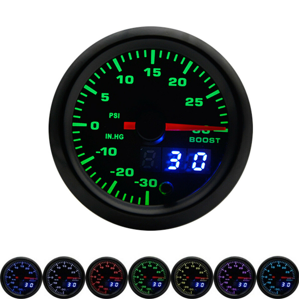 2" Digital / Pointer Dual Display Turbo Boost Gauge 0-30 PSI 7 Colors Adjustable