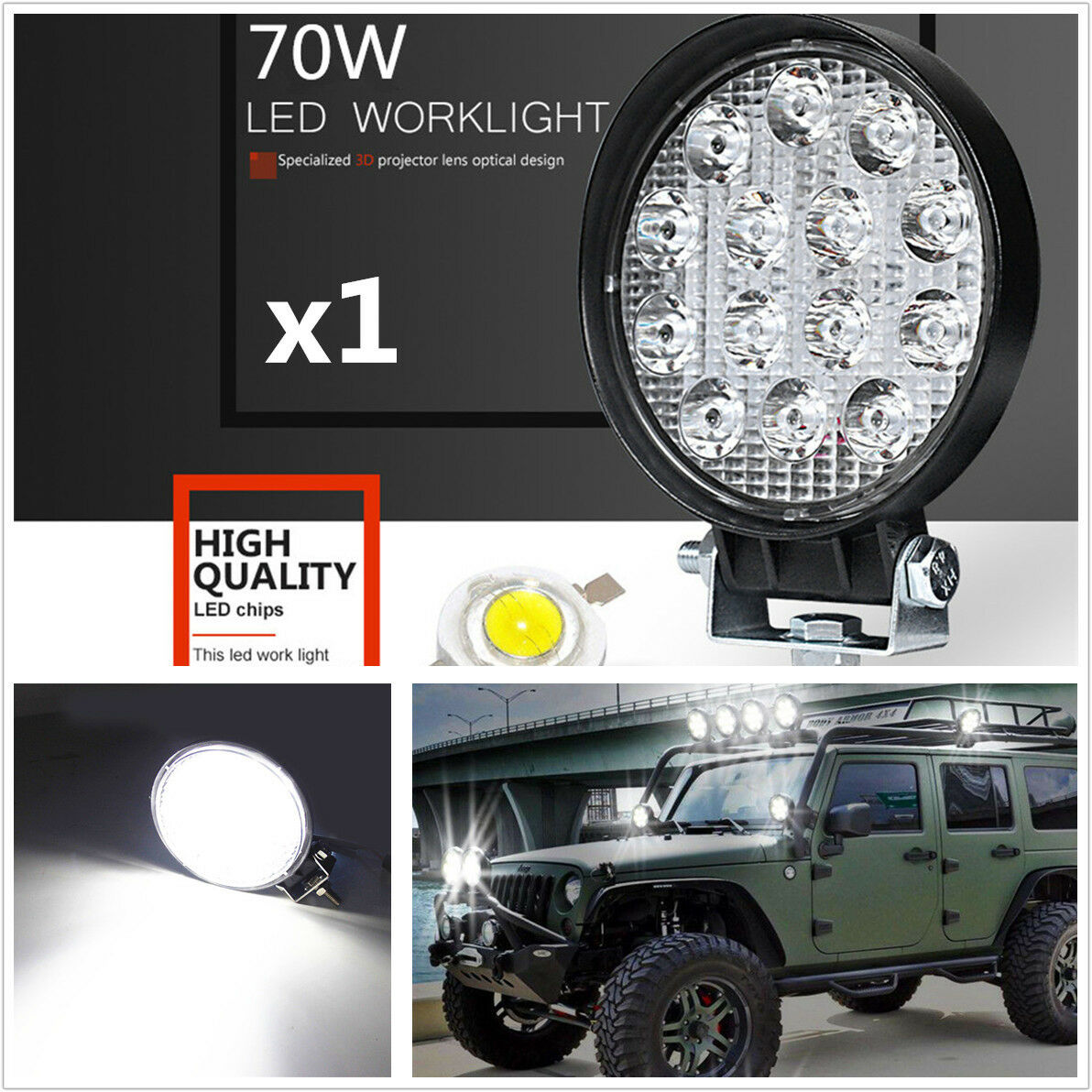 1Pcs 70W 6500K White 14LED Round SUV ATV Offroad Work Light DRL Fog Driving Lamp
