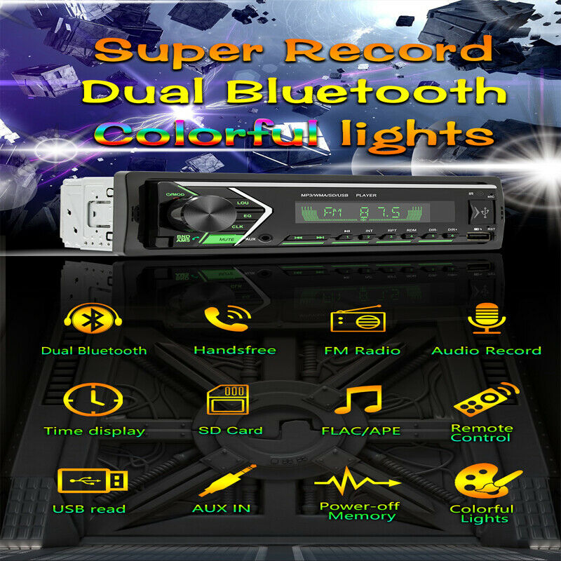 12V Car MP3 Player Audio In-Dash Bluetooth Hands-free FM Radio Colorful Lights