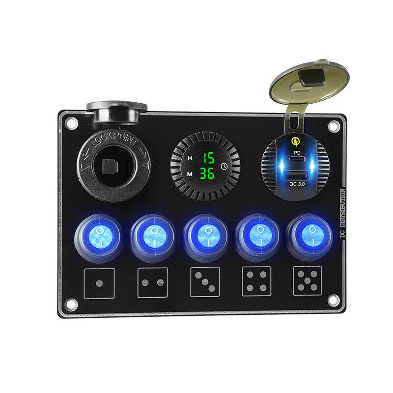 LED Clock Digital Display PD QC3.0 Cigarette Lighter Charge 5-port Switch Panel