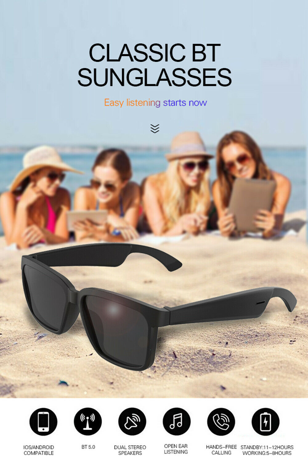Smart Bluetooth Open Ear Speaker Audio Headset Sunglasses Car Sports Anti-blue