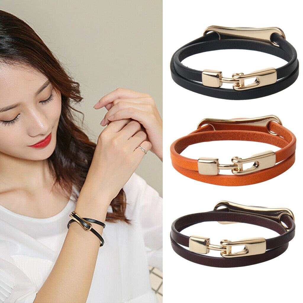 Leather Double Wrap Belt With T Buckle Bracelet Cool Wristband Cuff Black