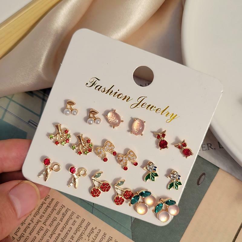Cute Earrings Stud Alloy 18 Pcs/9 Pairs Assorted Style Scissor Cherry Shaped Ins