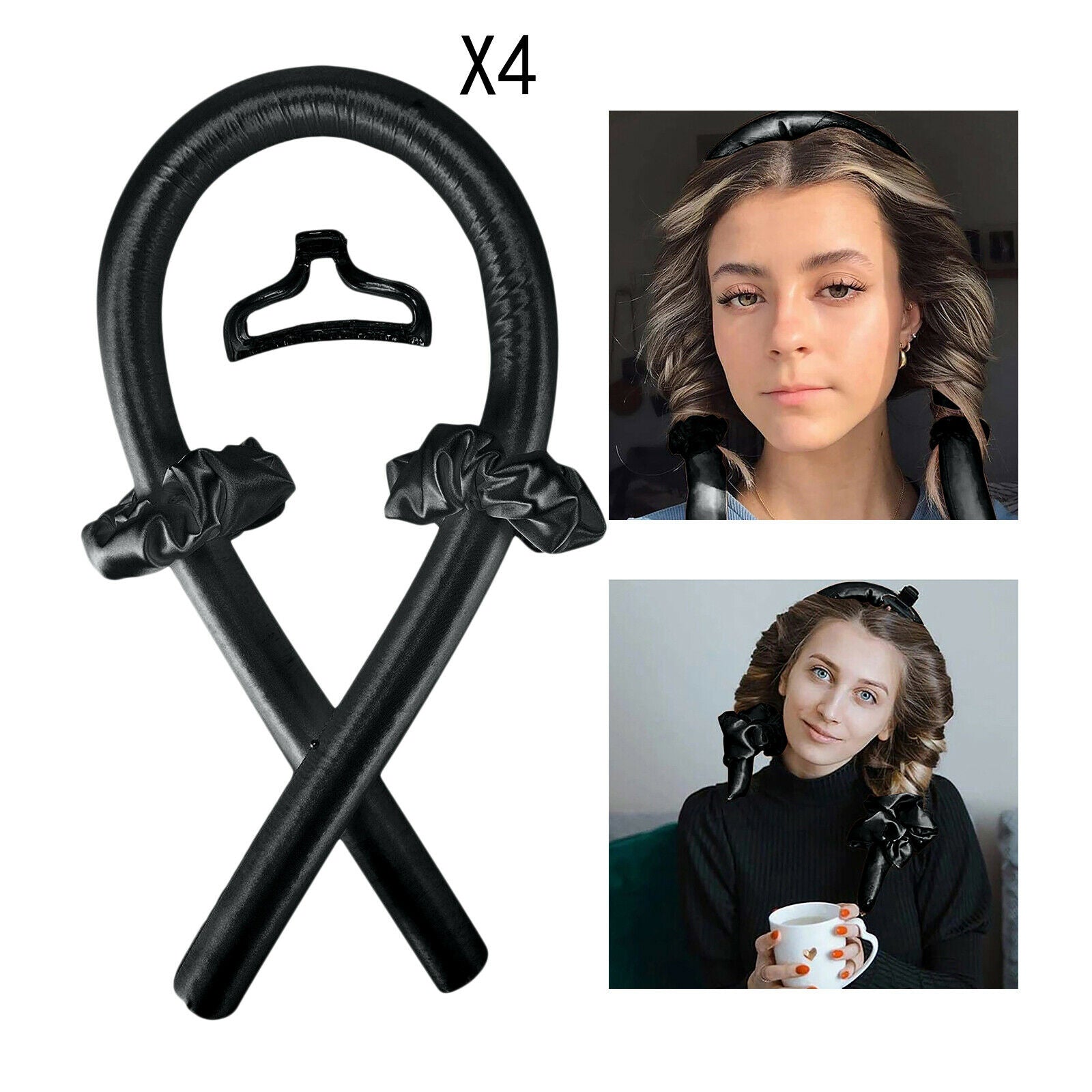 4x Styler Heatless Curling Rod Headband Wave Set Hair Curlers DIY Black