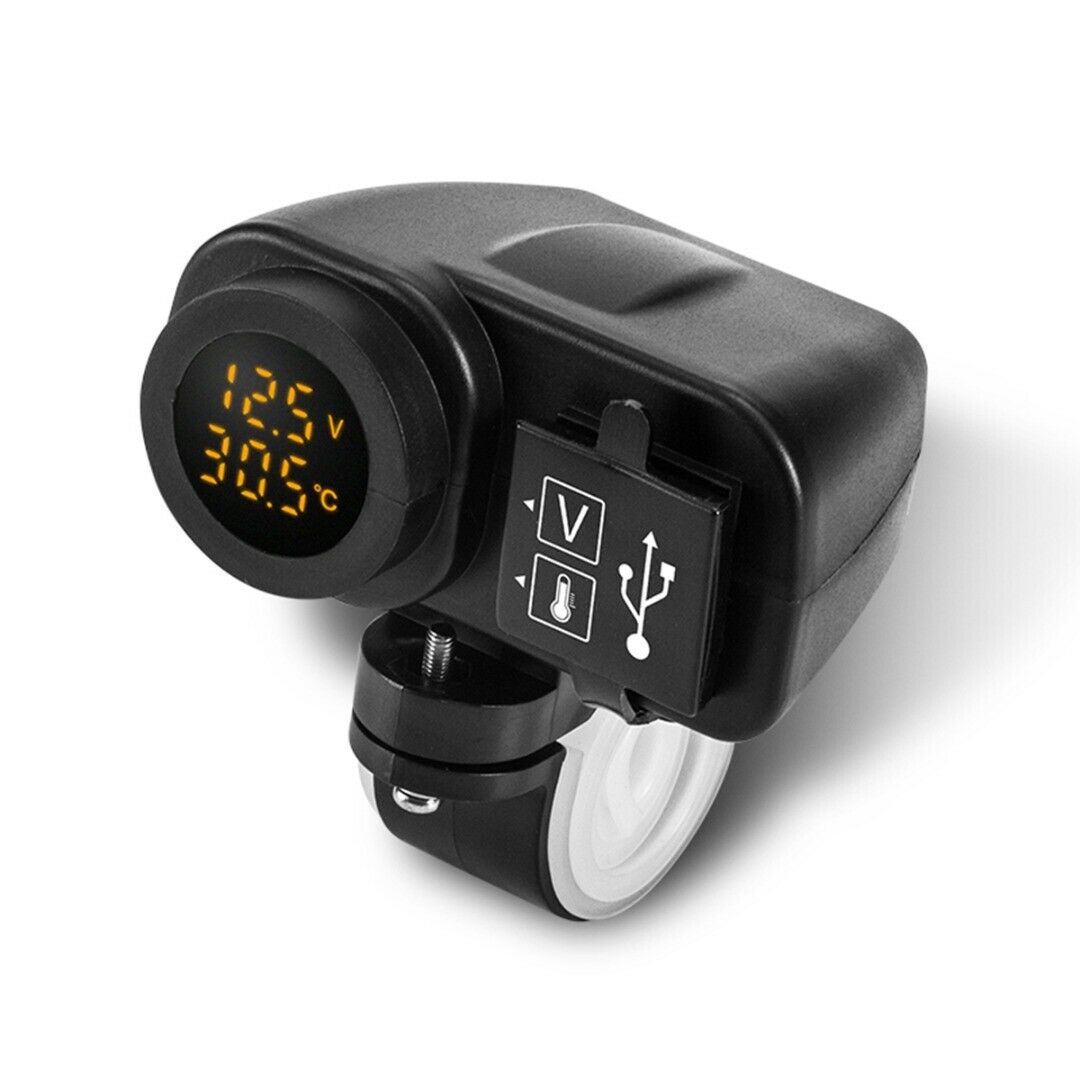 Cell Phone 2 Port USB Charger 2.1A+2.1A LED Voltmeter Thermometer For Motorcycle