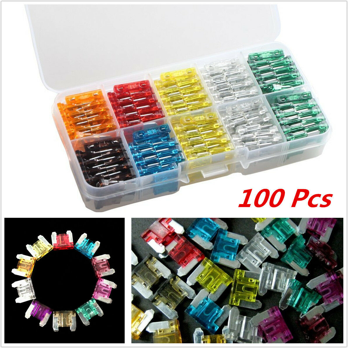 100 pcs Assorted Car Truck Medium Standard Fuse 5A 7.5A 10A 15A 20A 25A 30A Amp
