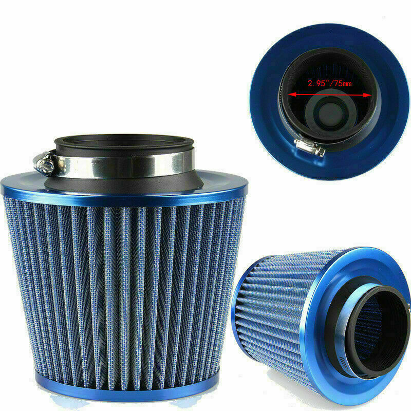 Car Cold Air Intake Cone Filter Cleaner with Flange 75mm 3" Inlet Universal Blue