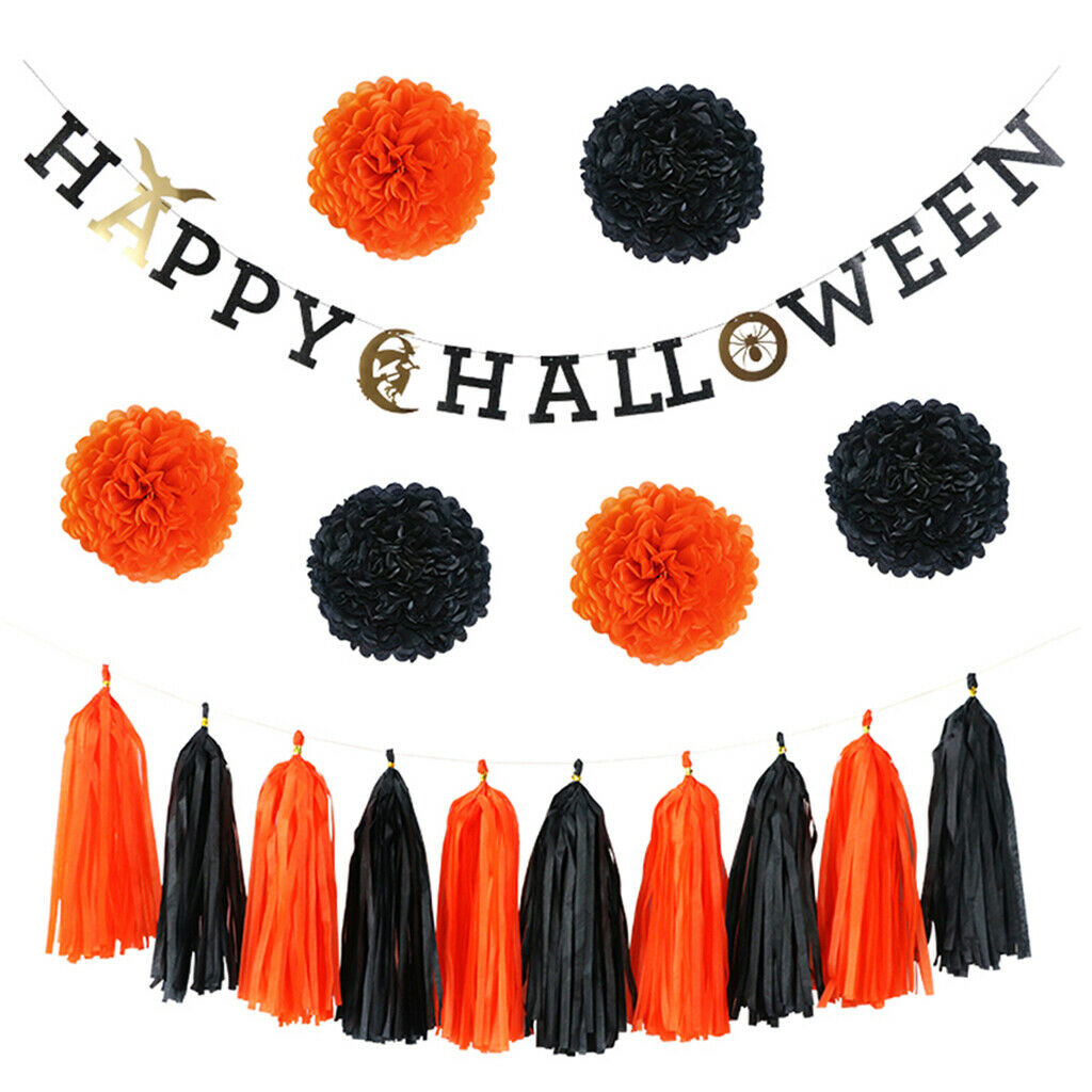 17pcs Halloween paper decorations banner garland fan shape balls tassels