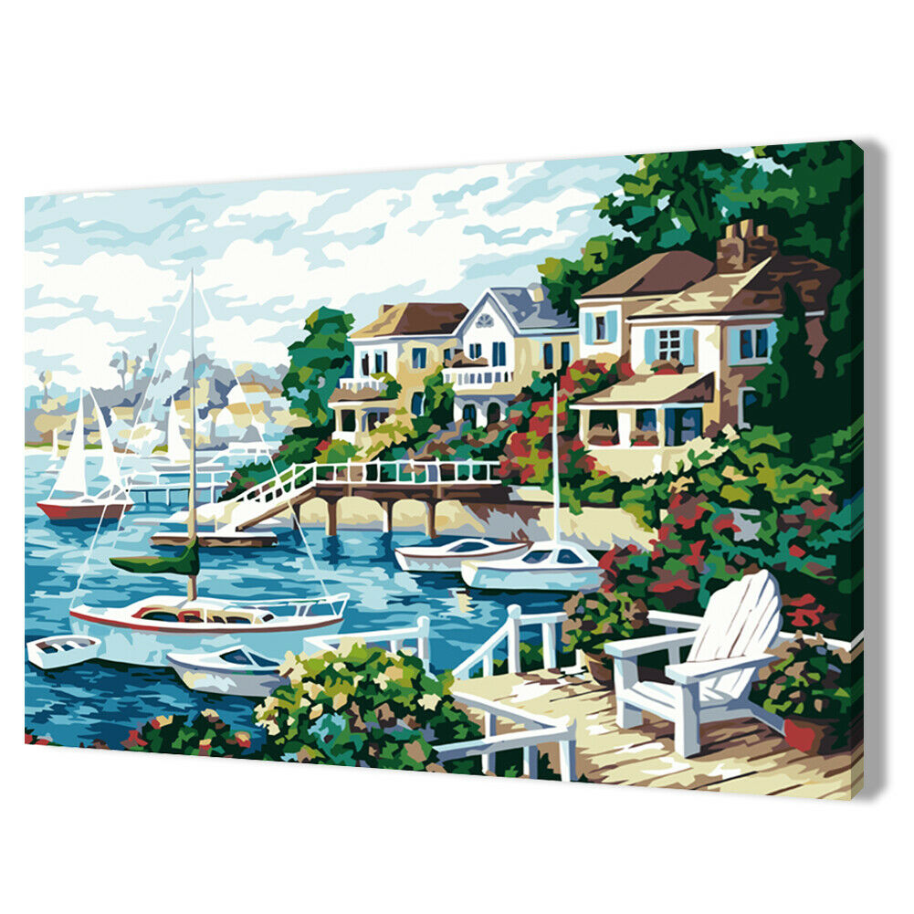 DIY Painting By Number Kit Modern Sea Houses Wall Decor Canvas Coloring Art @