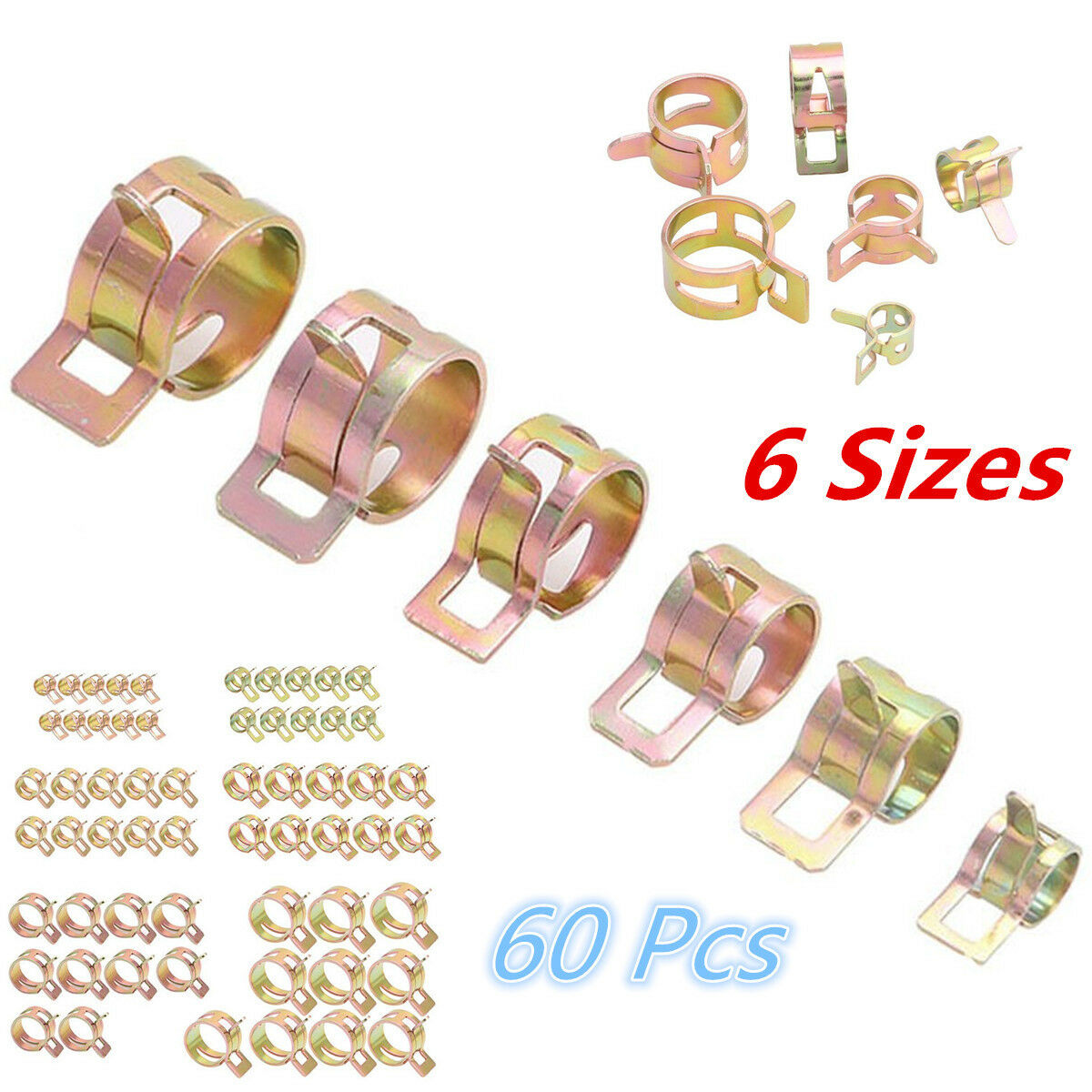 60pc Spring Clip Fuel Oil Water Hose Pipe Clamp 12-22mm Air Tube Fastener 6Sizes