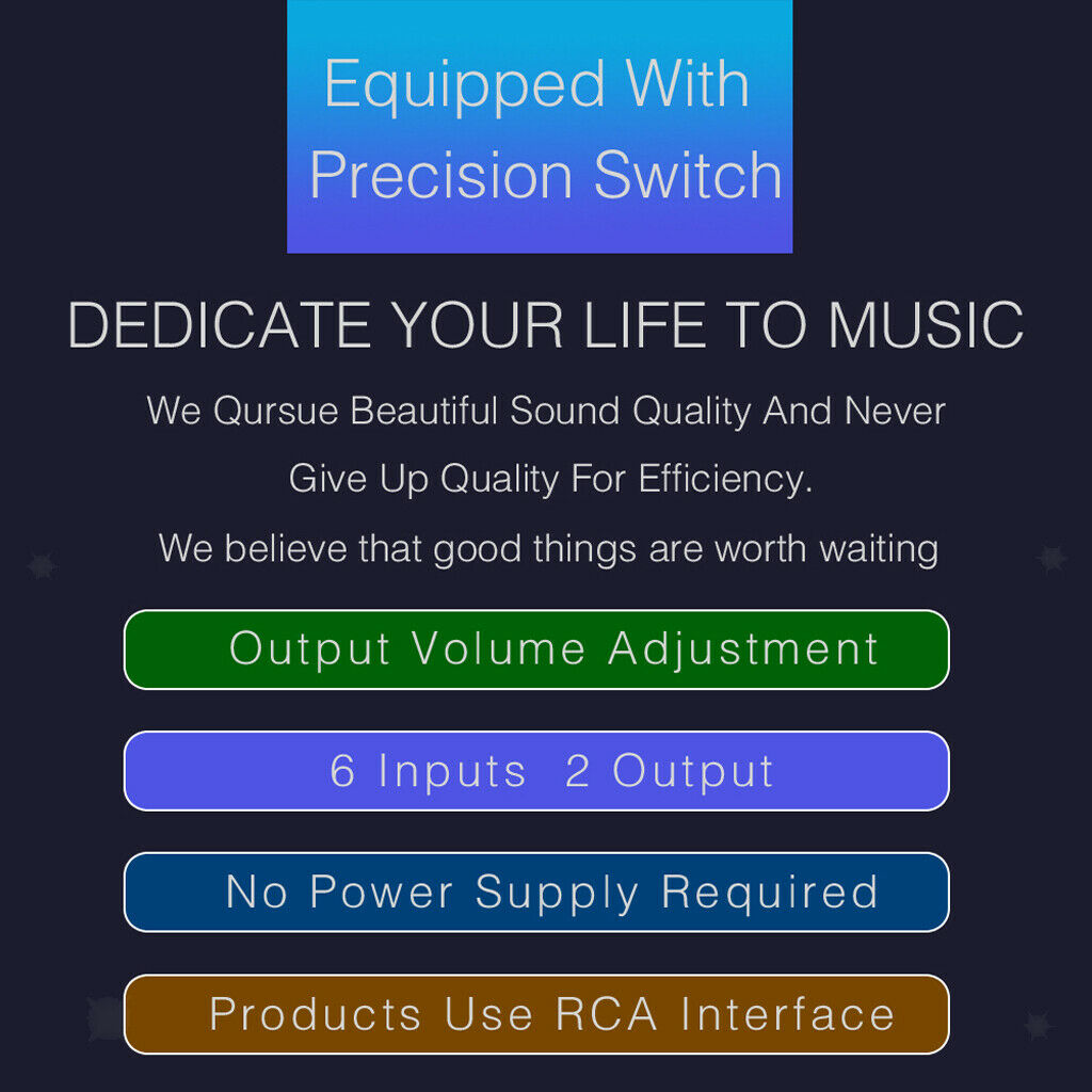6-IN-2-Out RCA Stereo Switcher Selector Splitter Audio Switches Switch.