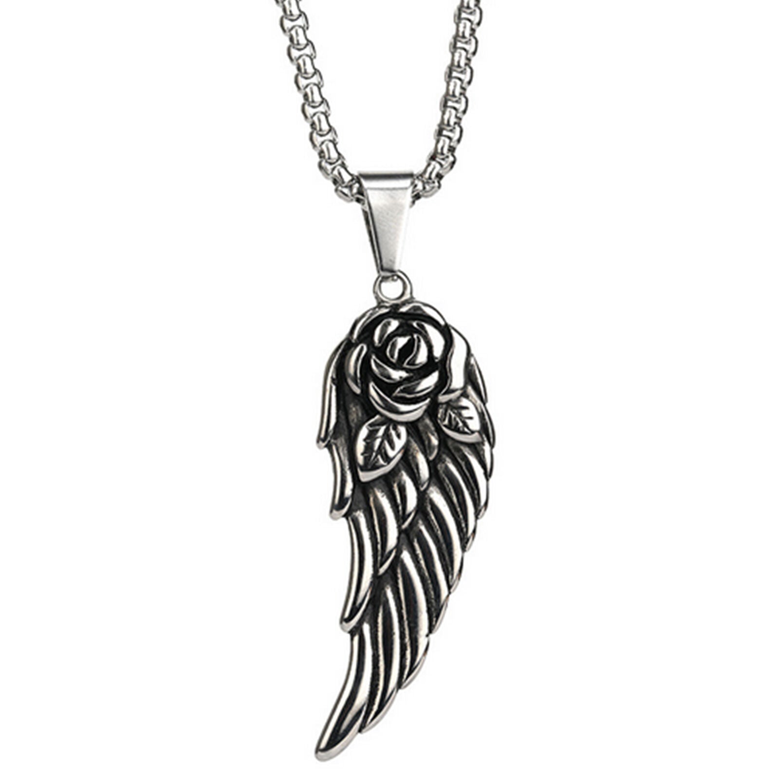 Men's Stainless Steel Rose Angel Wing Pendant Necklace