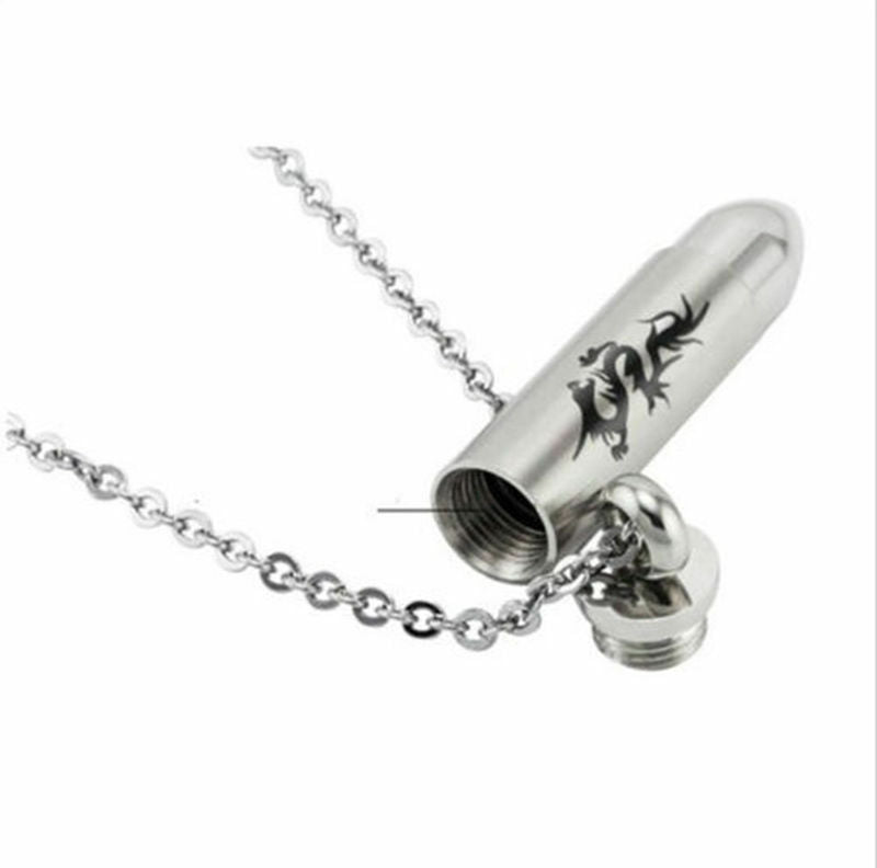 Bullet Memorial Cremation Ash Urn Stainless Steel Pendant Chain Necklace Pip