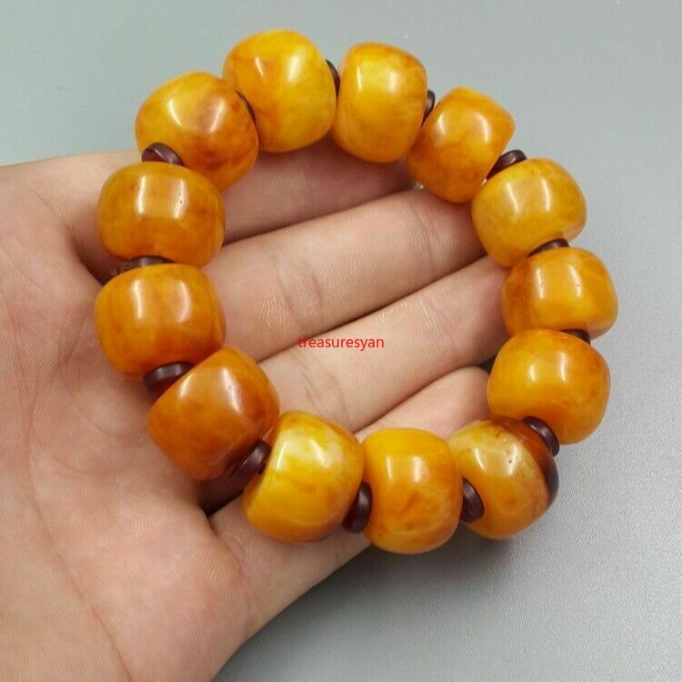 Certified Chicken Oil Yellow Amber Short Barrel Bead Bangle Bracelet Men 7.5"