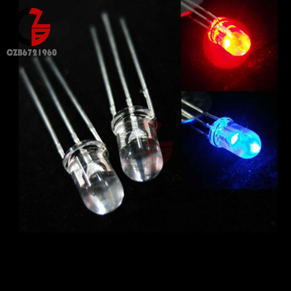 50PCS Dual Bi-Color Red Blue Bright 5mm 3Pin Water Clear bulb Led Common Anode