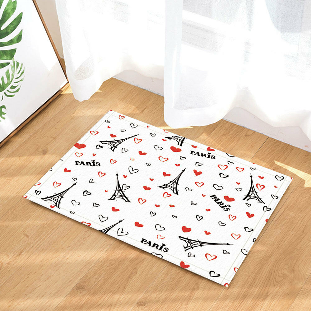 Paris Heart And Eiffel Tower Bathroom Door Mat with Non Slip Backing 16X24"