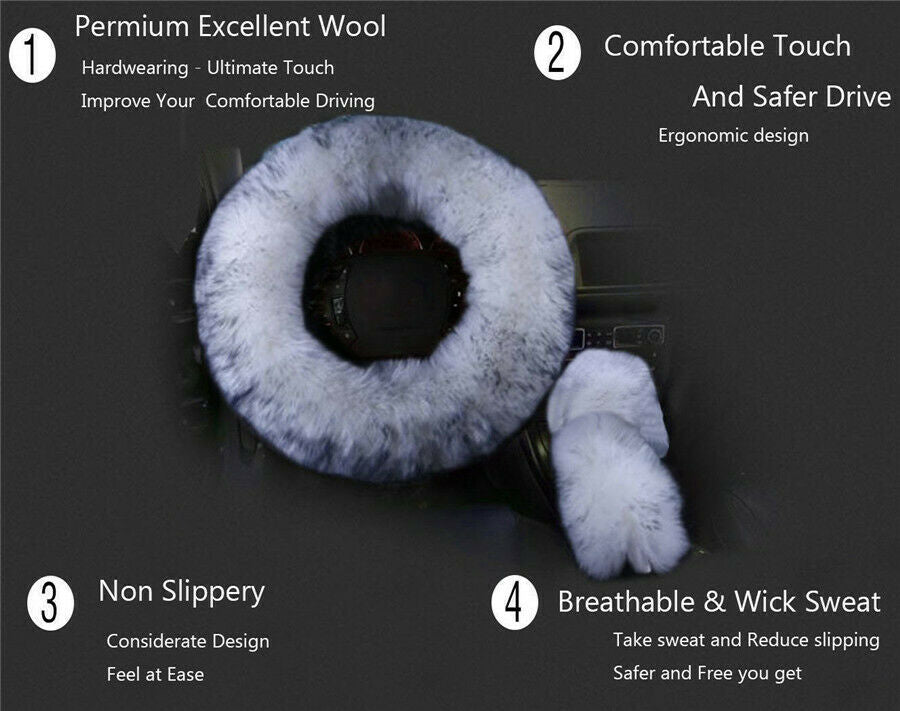 1 Set Long Plush Fur Fluffy Thick Car Steering Wheel Cover Gear Knob Brake Cover