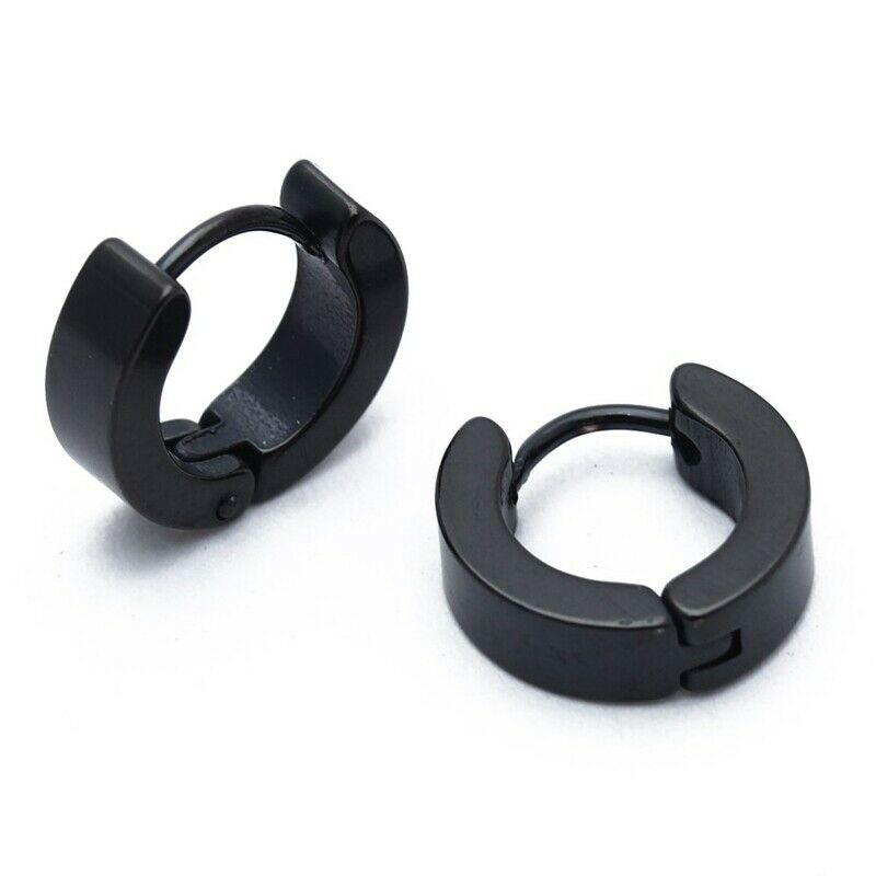 Pair Men's Hoop Huggie Ears Titanium Steel 4mm x 9mm Black R6Z5