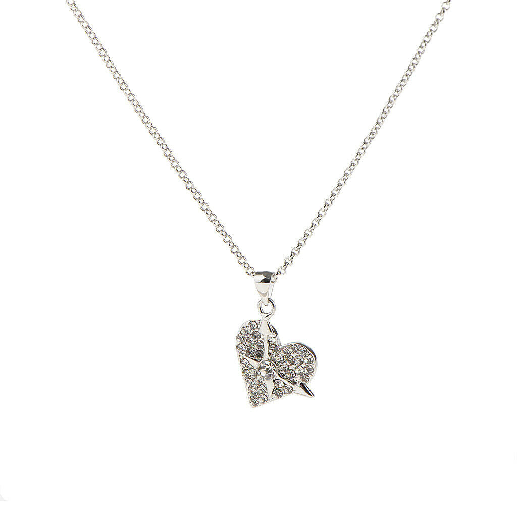 Full Rhinestone Paved Love Heart Double Arrow Pendant Chain Choker Necklace