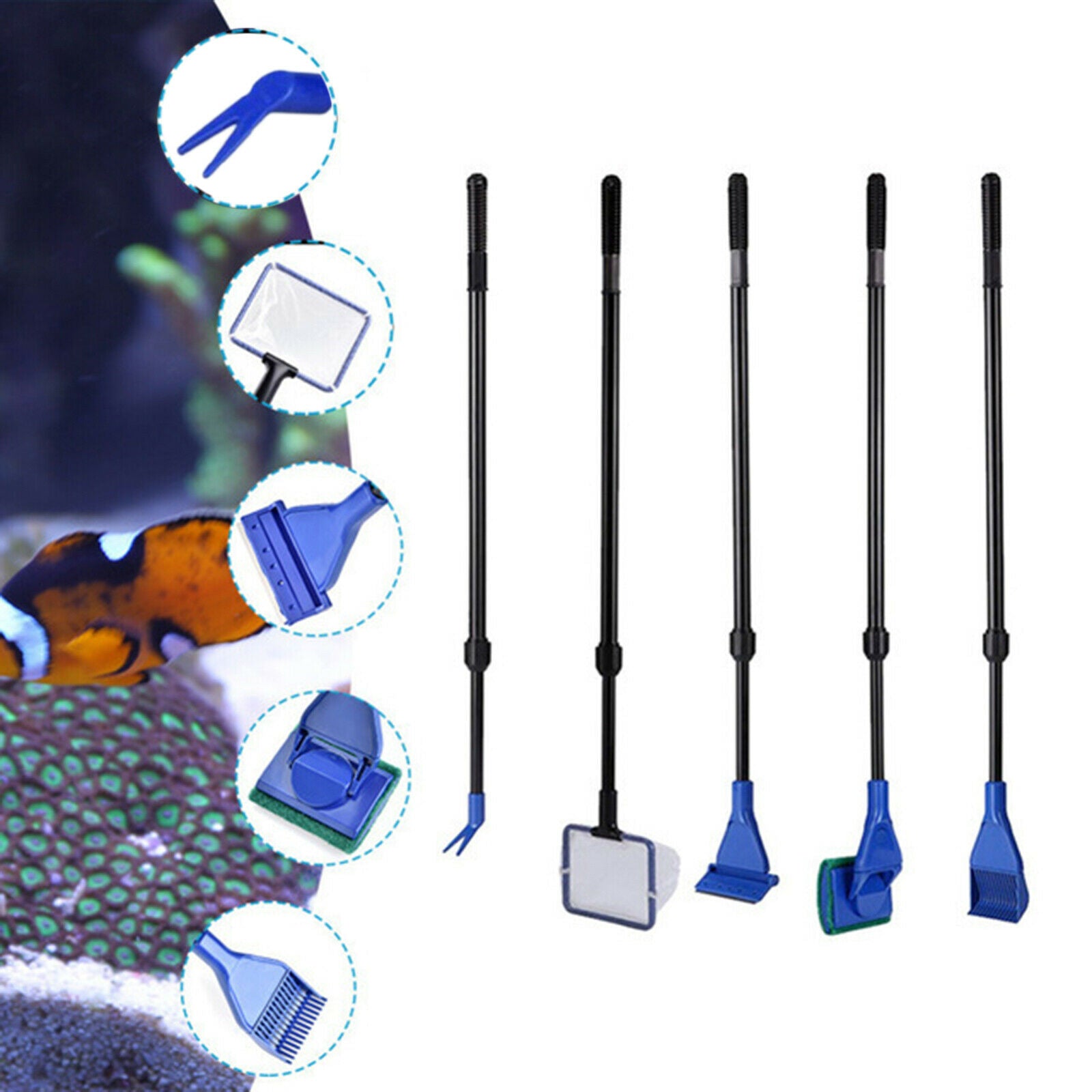 5 in 1 Aquarium Clean Tool Gravel Rake Plant Fork Sponge Brush Cleaner Set