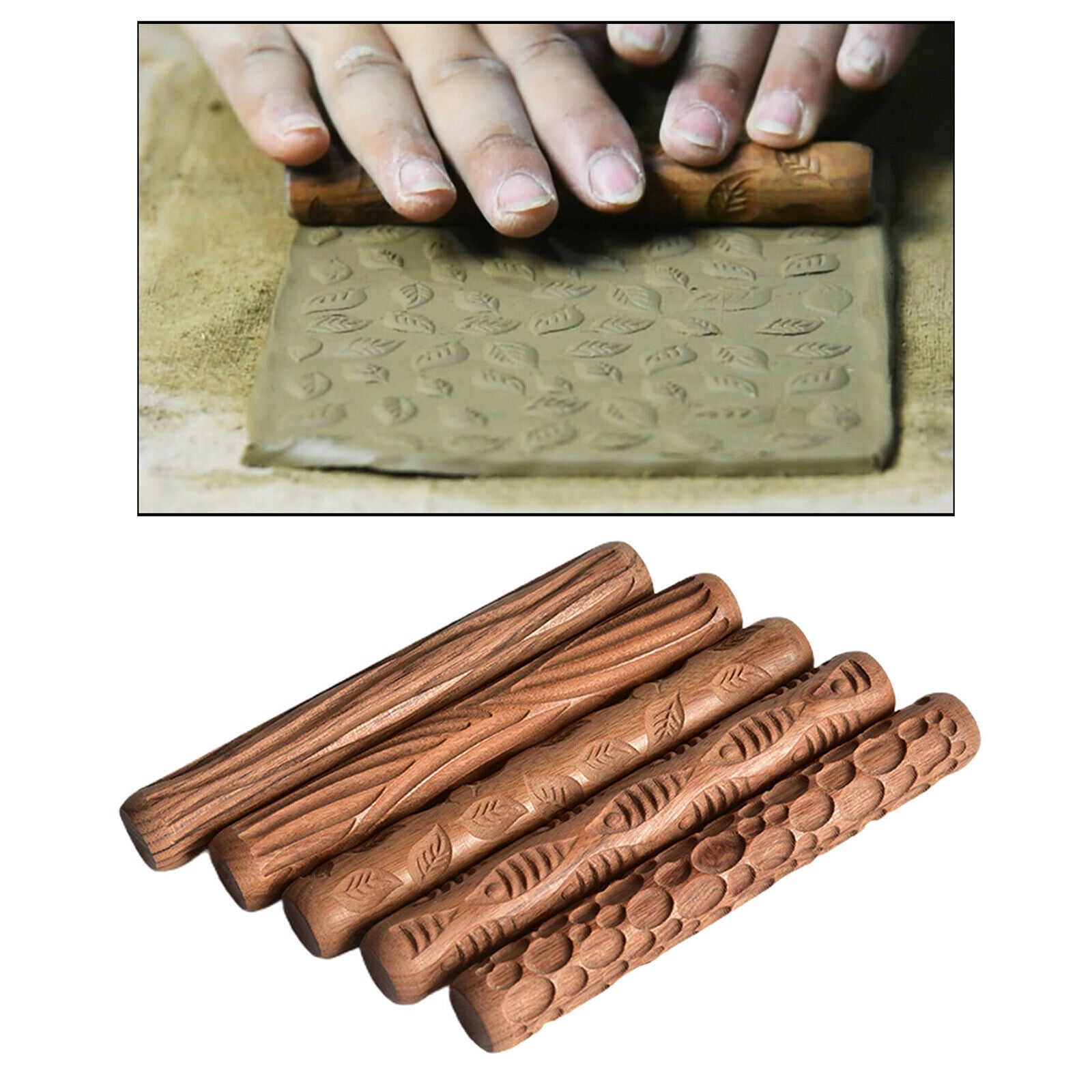 5x Wooden Pottery Pattern Roller Cobblestone Clay Modeling Textured Handle