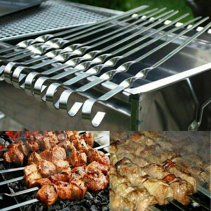 12x Kabob Skewer Flat Metal BBQ Barbecue Skewer Stainless Steel Shish Skewers