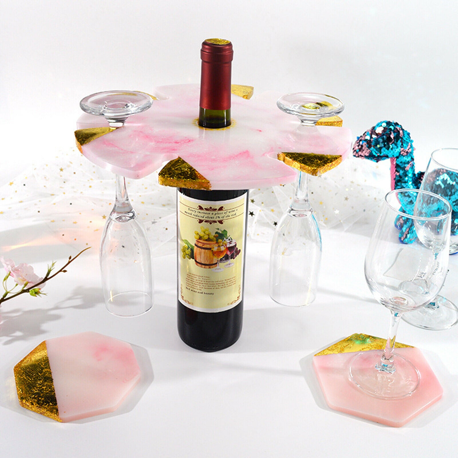6x Wine Glass Holder Mold Clear Cup Mat Round Making Coaster Mould Hexagon
