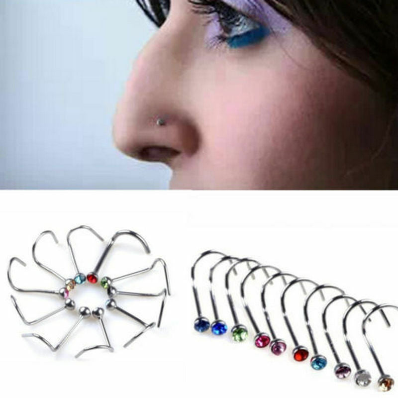 10x Rhinestone Piercing Screw Hoop Stainless Steel Nose Ring Studs Body Jewelry