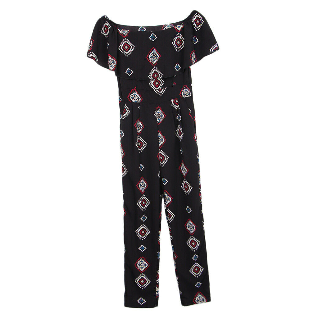 Off the Shoulder Ruffled Chiffon Jumpsuit High Waisted Wide Leg Pants Romper S