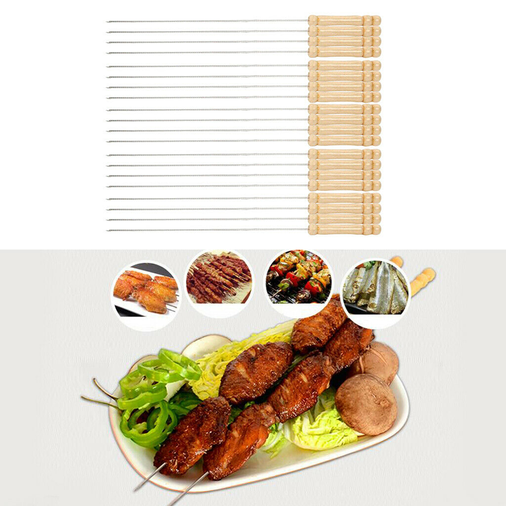 20x Stainless Steel Barbecue Skewers Wooden Handle Grill Grill