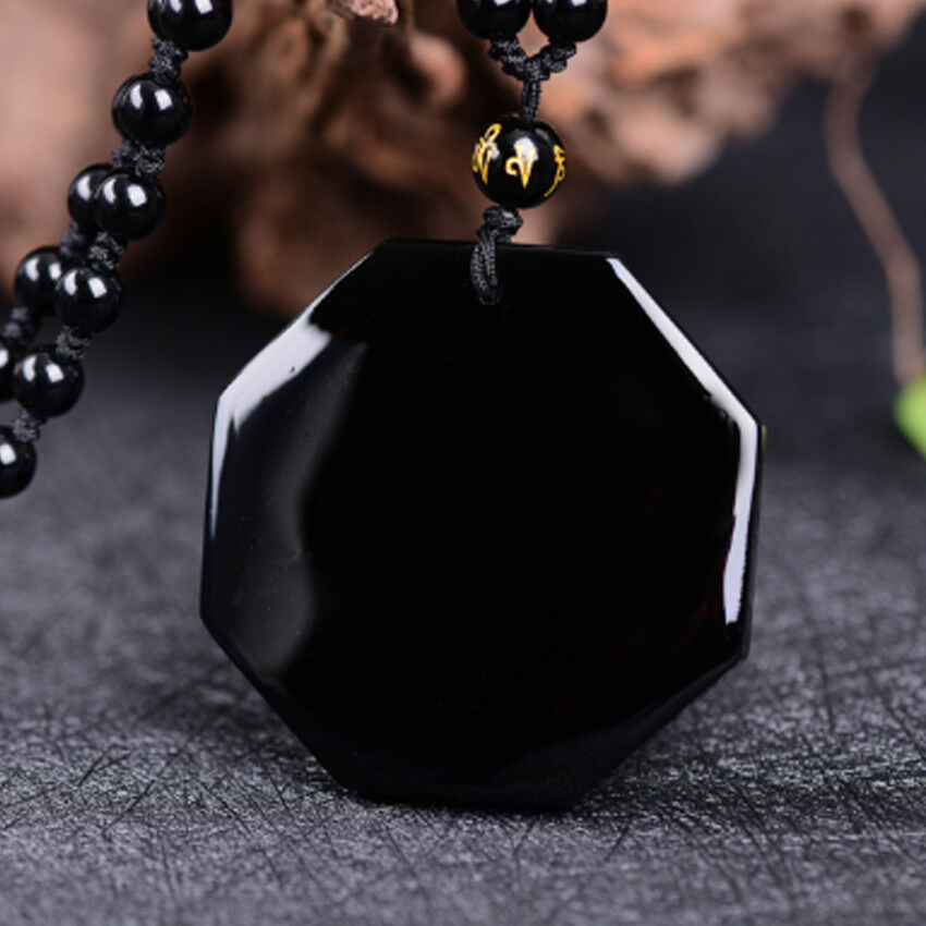 China Natural Black Obsidian Hand-Carved BaGua Lucky Amulet Pattern Pendant