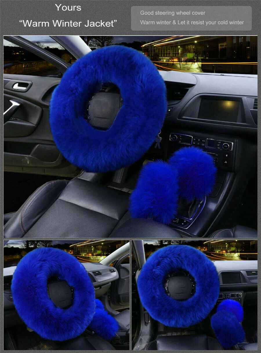 3 Pcs Blue Wool Fur Car Steering Wheel Cover Furry Fluffy Thick Sweat Absorption