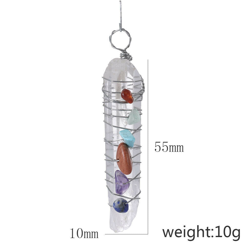 Natural Healing Crystal 7 Chakra Stone Wire Wrap Reiki Quartz Pendulum Pendant