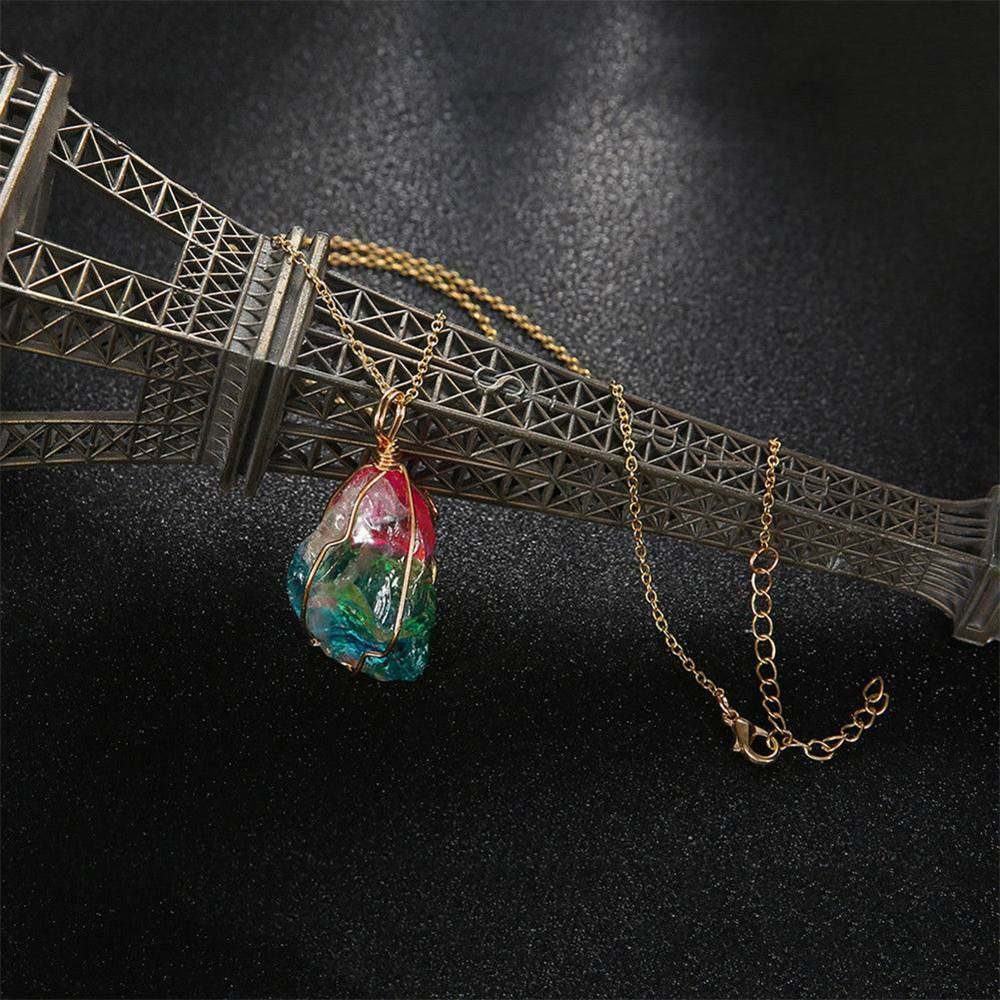 Rainbow Stone Natural Crystal Chakra Rock Chain Quartz Pendant Necklace Jewelry^
