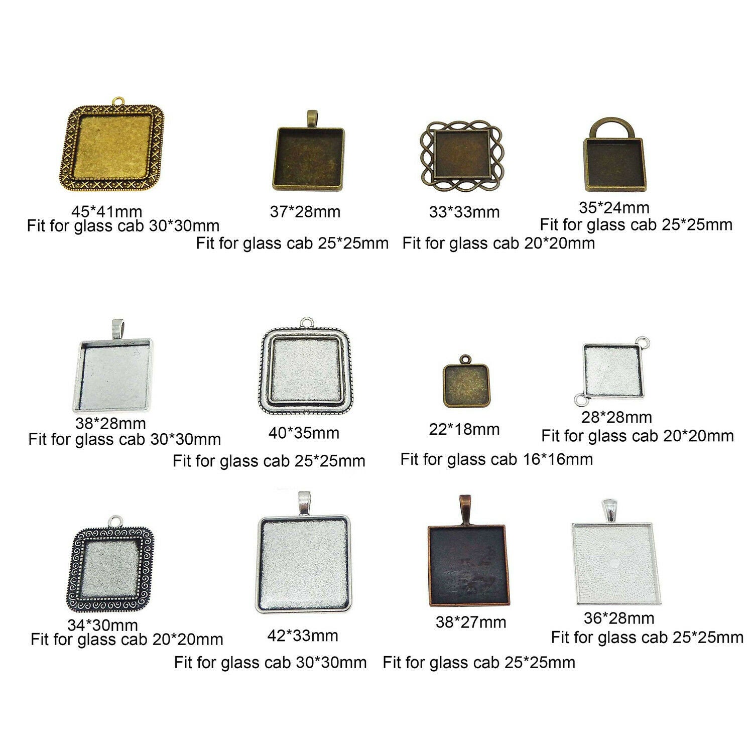 10-pack Assorted Blank Bezel Frames Square Pendant Jewelry Making Findings Alloy