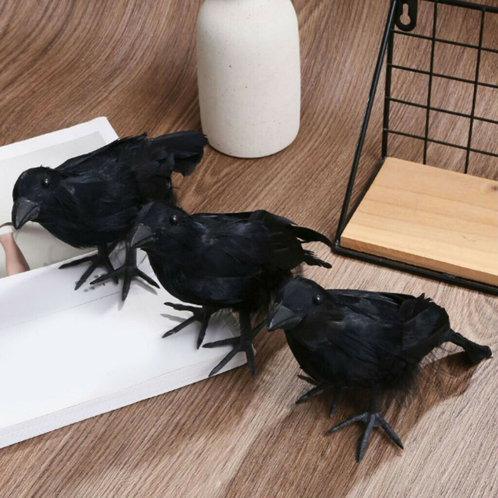 Vivid Crow Bird Statue Halloween Realistic Black Feathered Crows Decor