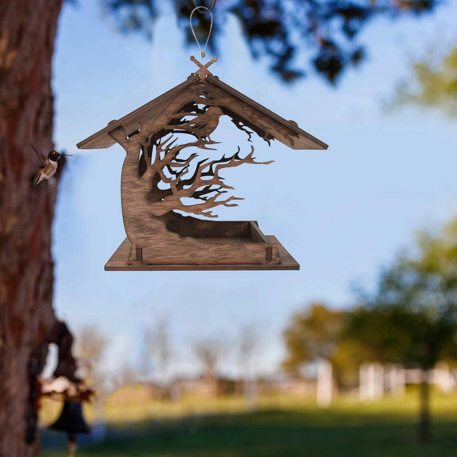 Wooden Bird Feeder Hanging Balcony Ranch Patio Courtyard Decor Ornaments