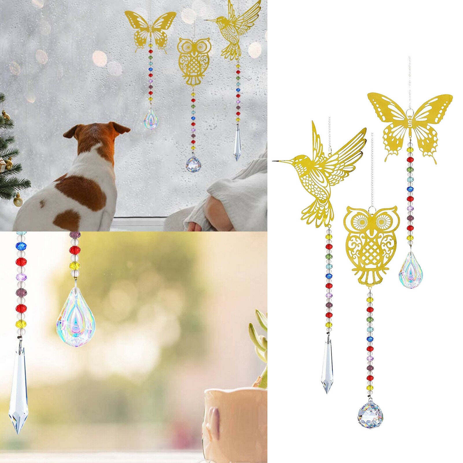 3Pcs Crystal Suncatcher Faceted Ball Owl Rainbow Maker Feng Shui Decor