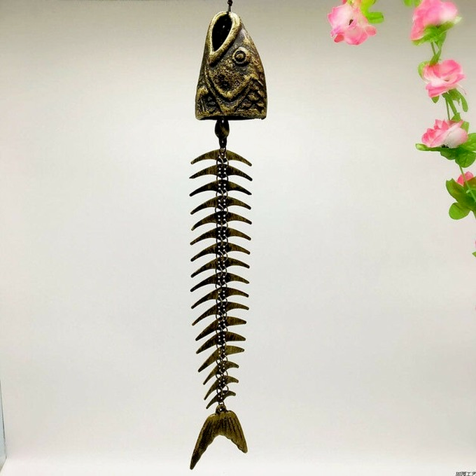 Metal Cast Iron Bronze Fish Bone Bell Wind Chime Home Garden Decor21'' /53cm