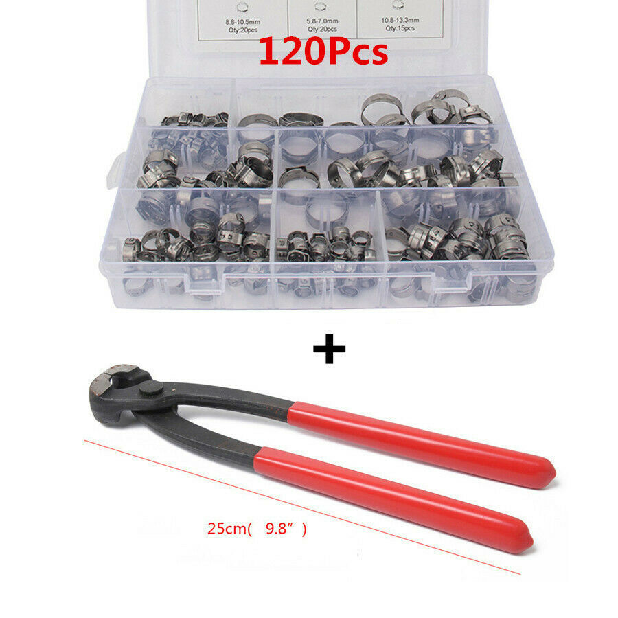 120Pcs Single Ear Plus Stainless Steel Hydraulic Hose Clamps O-Clips with Pliers