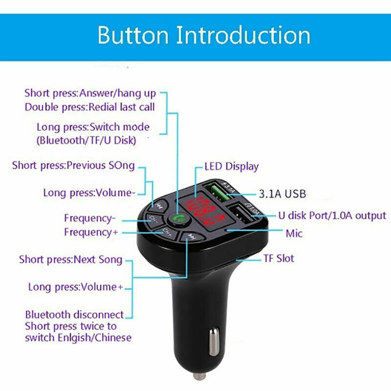 Bluetooth 5.0 FM Transmitter Car Set MP3 Modulator Player Audio Receiver ChaBDA