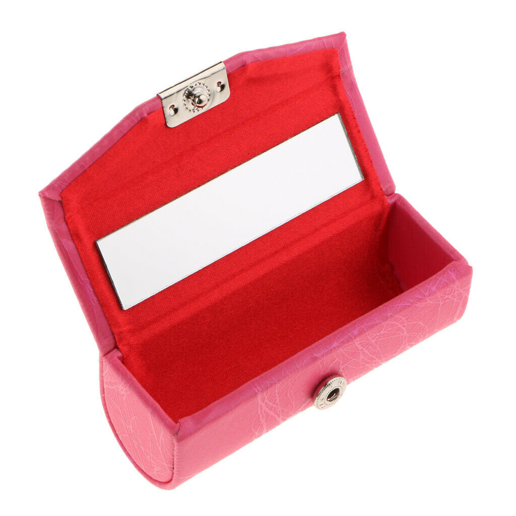 Leather Lipstick Lip Gloss Case Storage Box Makeup Holder with Mirror Rose Red