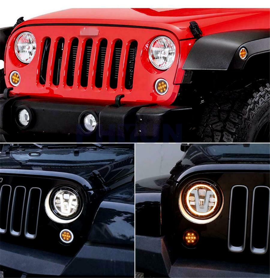 Pair Car Grill Turn Signal Light LED Amber+White Halo Ring For Jeep Wrangler JK