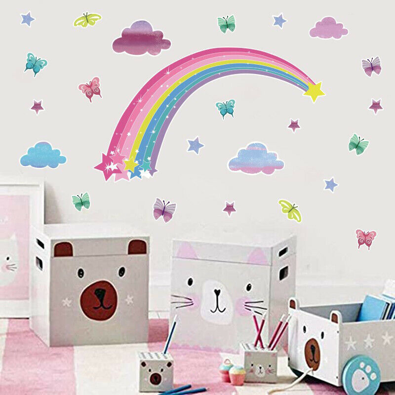 Pretty Shining Stars On Rainbow Cloud Butterflies Wall stickers Room Art .l8