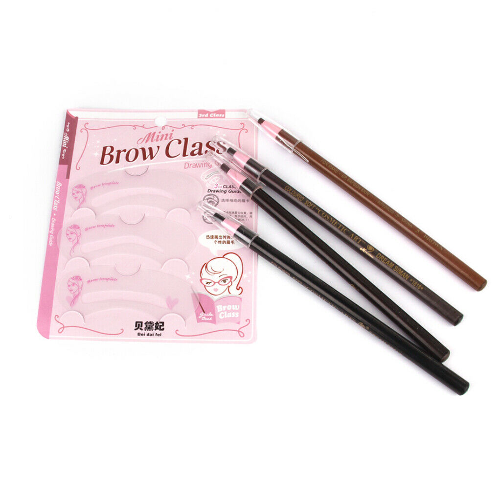 New 3-Style Eyebrow Stencils Shaping Cards + 4pcs Brow Makeup Pencils Set + 1pcs