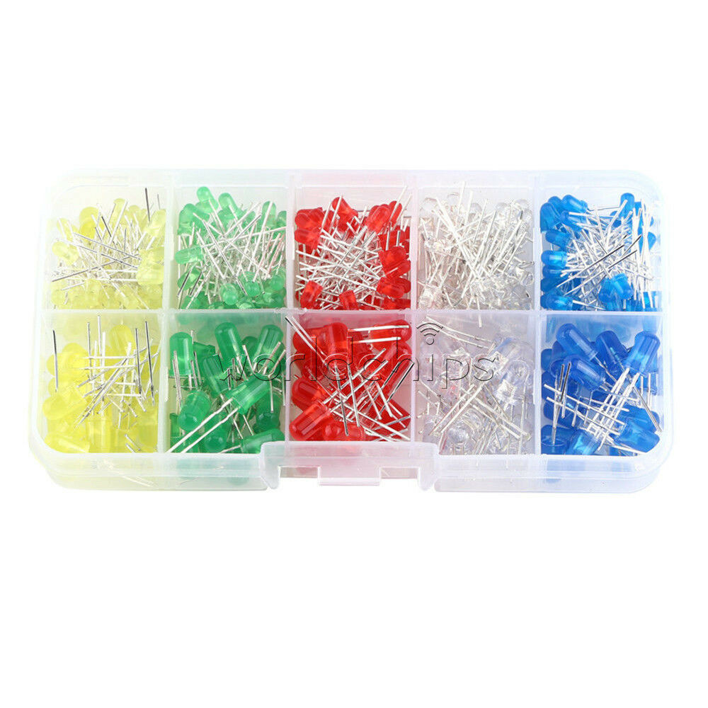 300PCS White Yellow Red Blue Green 3mm Round LED Light Assortment Diodes Kit