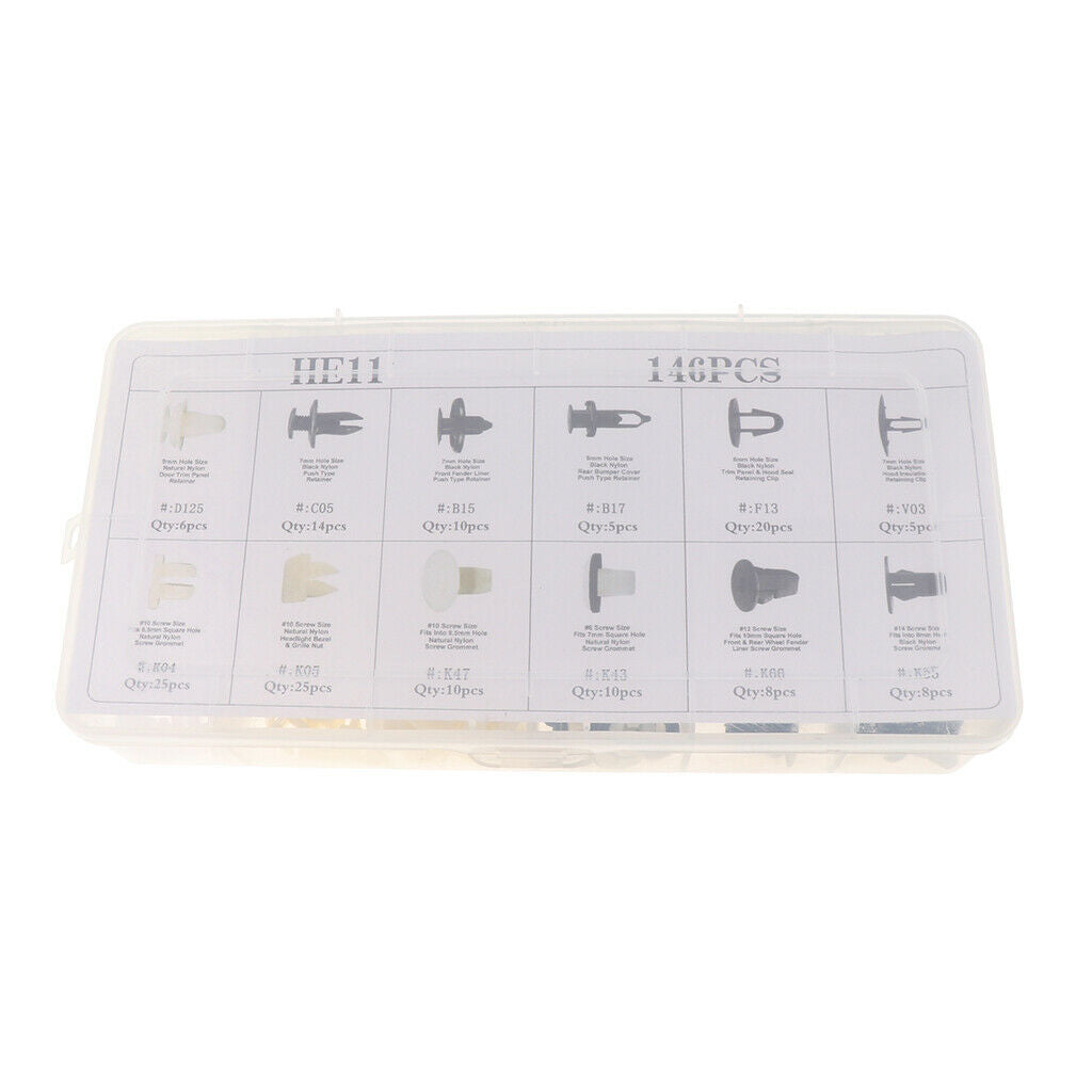 HE11 146Pcs Car Boxed Plastic Fastener Push Type Rivets Bumper Retainer Clip