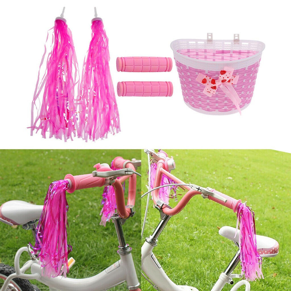 Girls Bike Basket Pink Kids  Scooter Streamers With Handlebar Grip Covers