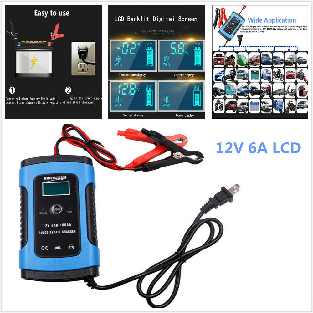 Car Battery Charger 12V 6A LCD Intelligent Automatic Motorcycle Pulse Lawn Mower